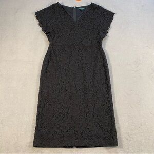 Lauren Ralph Lauren Women’s Black Lace Midi Dress, V-neck, Cap Sleeves, lined, 8